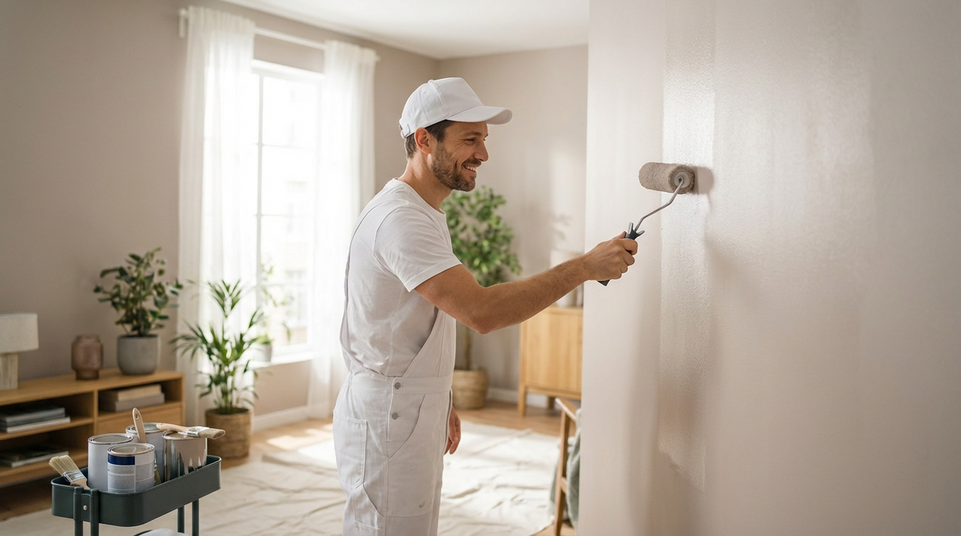 Profissional pintando parede